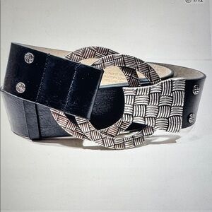 Chico's Sellene Black Slouch 2" Belt S/M Adjustable Silver Circles Hook Buckle